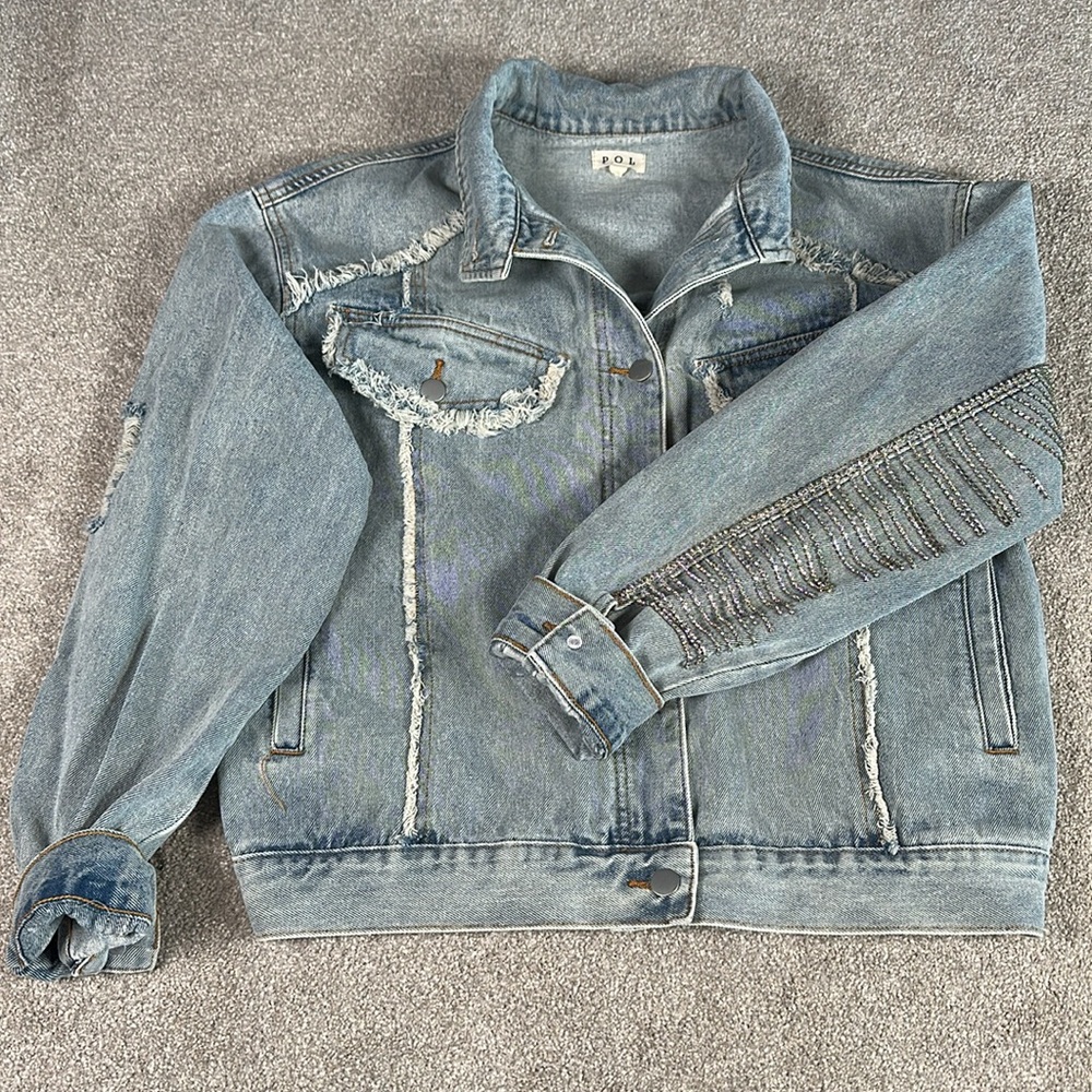 Distressed, rhinestone, fringe, jean jacket,‎ grunge, punk band rock - Picture 2 of 15